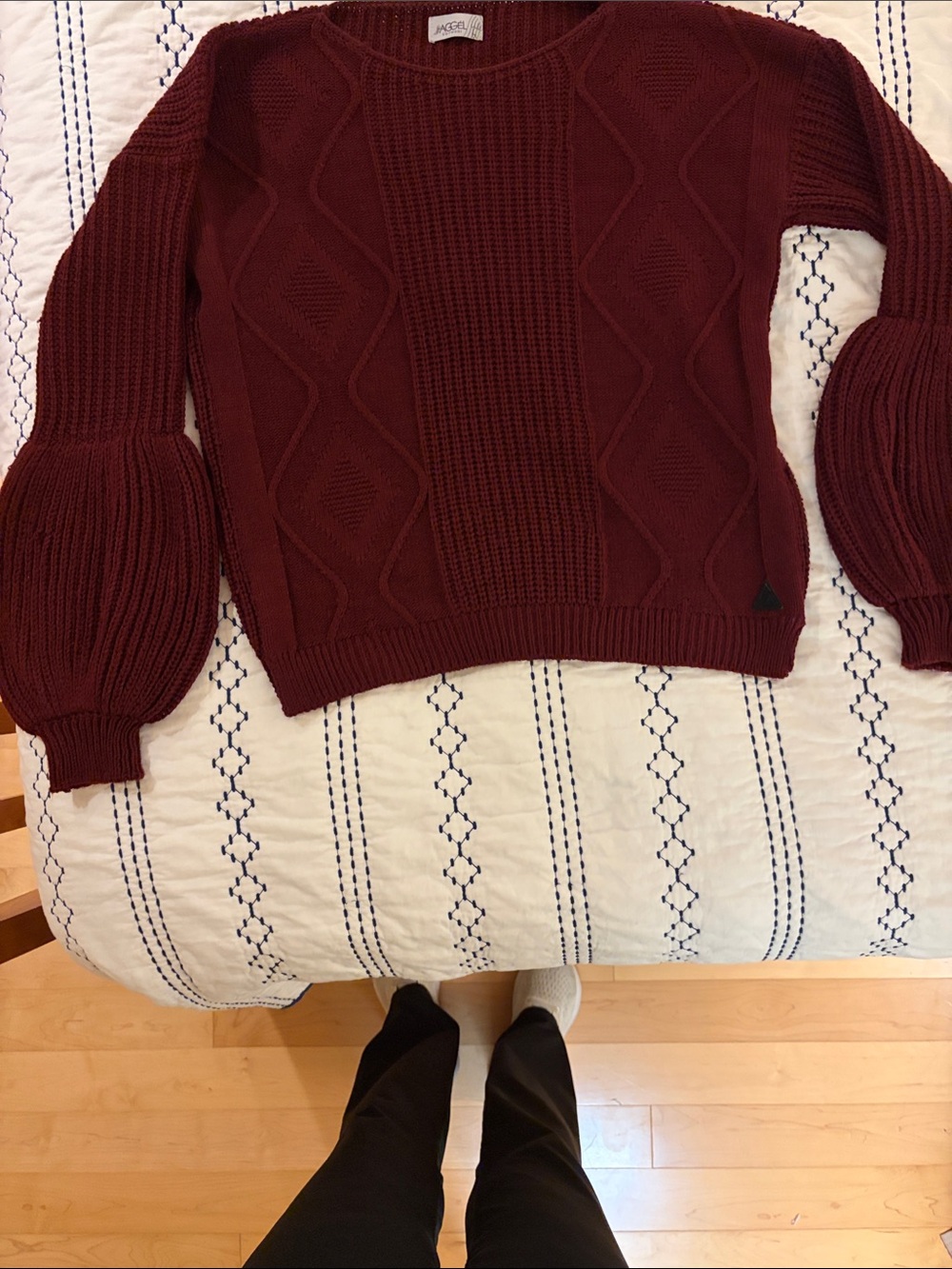 AGGEL Wine Cable-Knit Balloon-Sleeve Sweater
